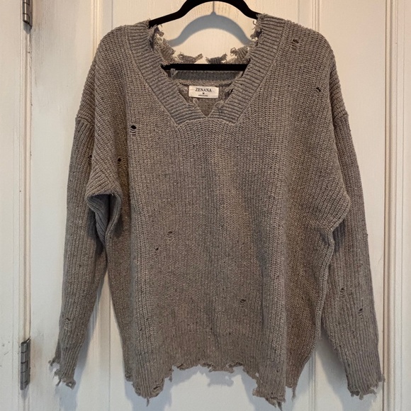 Zenana Outfitters Sweaters - Zenana Rough-Edge, Distressed Grey V-Neck Sweater, Size Medium